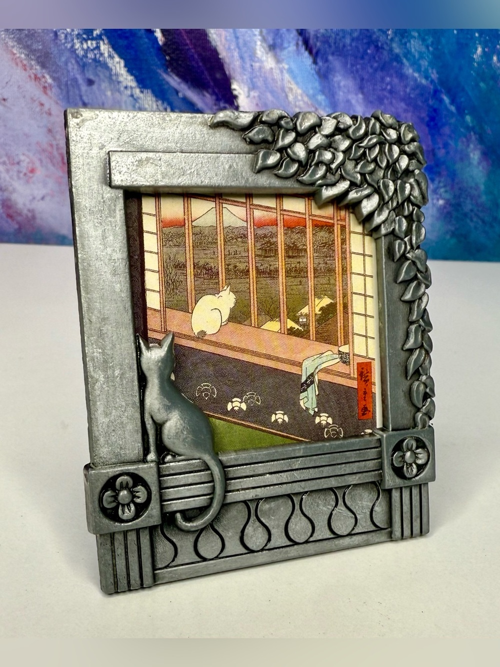 Cat in Window Picture Photo Frame Silver Tone Vintage Mini Small Tiny 2x2